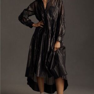 Pilcro Long Sleeve V-Neck Metallic High Low Dress. Size XS.